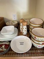 Full lot showing bowls, plates, white square dishes, coffee shop plate, pepper grinders