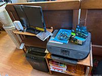 Overall lot showing monitor, printer, shredder, ink, paper