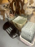 Group shot of rack, baskets, wire tray, painted bin, jar