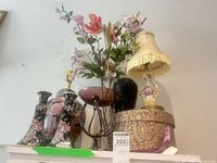 Group shot showing lamp, hatbox, vases, glass bowl, artificial flowers