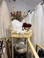 Lot overview showing heart pillow, velvet muff, lace gloves on jewelry box