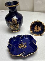 Group shot of cobalt vase, dish and small plate