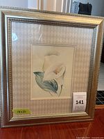 Front view of framed calla lily print in gold frame