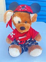 Front view of plush dog in full pirate outfit