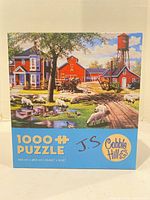 Front of Cobble Hill 1000-piece Farmyard Companions puzzle box with artwork, piece count and initials written
