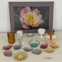 All items grouped showing framed floral art and glassware assortment