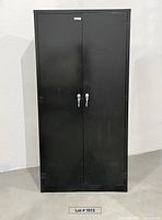 Front view of closed black steel cabinet