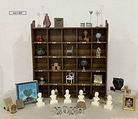 Overall view of wood cubby and assorted miniature items