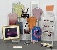 Group view showing framed photo, tees, crochet top, handbag, shelf, planter, wallpaper