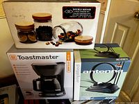 Toastmaster coffee maker box, Jensen antenna box, glass canister set box