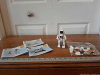 Set contents on table: three instruction manuals, assembled astronaut figure, zip bag of loose bricks