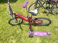 Micro Maxi scooter and Schwinn Breeze bicycle side by side in yard
