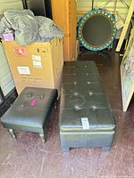 Storage bench and ottoman side by side showing size comparison and finish