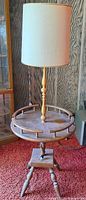 Full view of lamp with tray table and shade