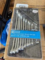 Front view of sealed 11-piece Mastercraft SAE wrench set in blister pack