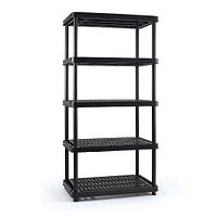 Stock-style image of identical 5-tier black plastic shelf