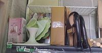 Shelf with cake stands, boxed glass stands, boards, wire shelf, rolling pins