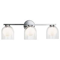 Stock image front view showing chrome three-light fixture with clear glass shades and white globes