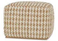 Front angled view of woven beige and white cube pouf
