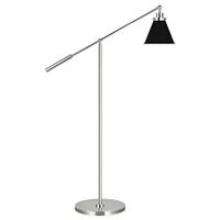 Stock image showing entire polished nickel floor lamp with black cone shade