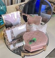 Full lot on vanity tray showing mirror, trinket box, two frames