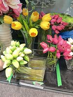 Group view of three of the vases showing yellow, pink and cream-green tulip arrangements