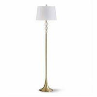 Full view of brass floor lamp with crystal spheres and white shade