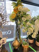 Tall glass vase with faux flowers, gold bud vase, glass globe terrarium