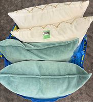 All four pillows stacked in blue bag