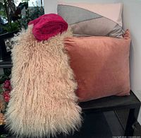 Square blush velvet pillow, light blush pillow with grey triangle detail, faux-sheepskin pillow, magenta knit throw
