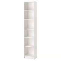 Front view of tall white bookshelf with six shelves