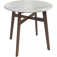 Full view of round table showing faux marble top and oak base