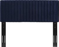 Front view of navy channel-tufted headboard on its mounting legs