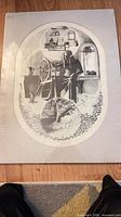 Full view of oval black & white stipple print on backing board