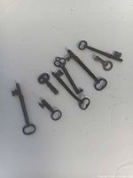 Eight rusted iron skeleton keys laid out on white surface