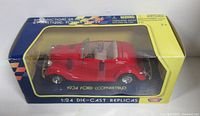 Front angled view of boxed 1934 Ford Convertible model