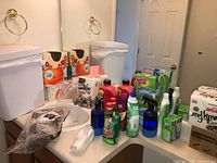 Full lot on bathroom counter showing paper goods, trash cans, cleaners, spray bottles