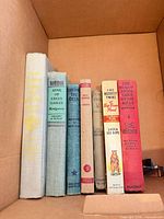 Seven cloth-bound books standing in carton showing spines and titles