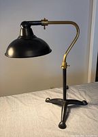 Full view of adjustable metal lamp on table showing overall design and condition