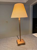 Full view of brass table lamp with shade
