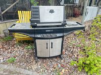 Front view of Kenmore propane grill with stainless lid, cabinet doors, side shelves