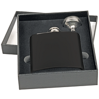 Black stainless steel flask and funnel in foam-lined gift box
