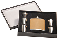 Box with lid removed showing flask set components in foam insert