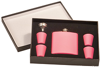 Box with lid and foam insert holding flask, four shot glasses, and funnel