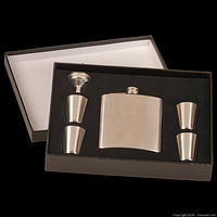 Flask set in box showing flask, four shot glasses and funnel