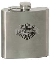 Front view of stainless steel hip flask with example engraving