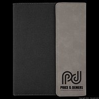 Front of portfolio showing gray faux leatherette flap and black canvas cover