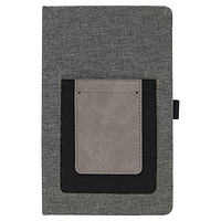Front view of gray leatherette journal showing gray panel on black elastic pocket and pen loop