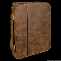 Exterior view of rustic brown faux leather cover standing upright showing handle and stitching