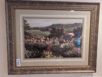 Full view of framed landscape print with mat and ornate wood frame
